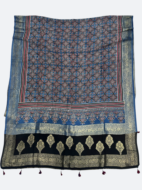 Classic Ajrakh Silk Dupatta – Hand Block Printed Dola Silk