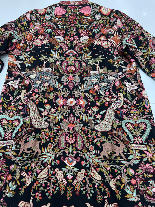Handmade Kashmiri Kilimkari Coat – Black Multicolor Floral & Bird Embroidery