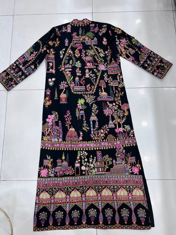 One-of-a-Kind Handmade Kashmiri Shikargah Coat – Black Multicolor Floral Embroidery