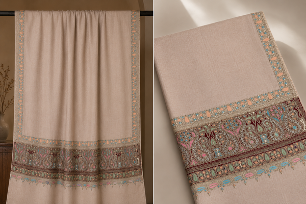 Pure Pashmina Hand-Embroidered Sozni Border Shawl - 05 - Tajmehalhandicrafts