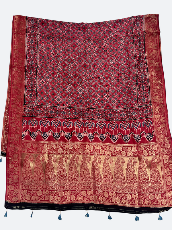 Heritage Ajrakh Dola Silk Dupatta – Hand Block Printed with Natural Dyes
