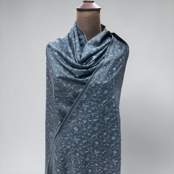 Grey Pure Pashmina Jaal Shawl – White Hand Embroidery