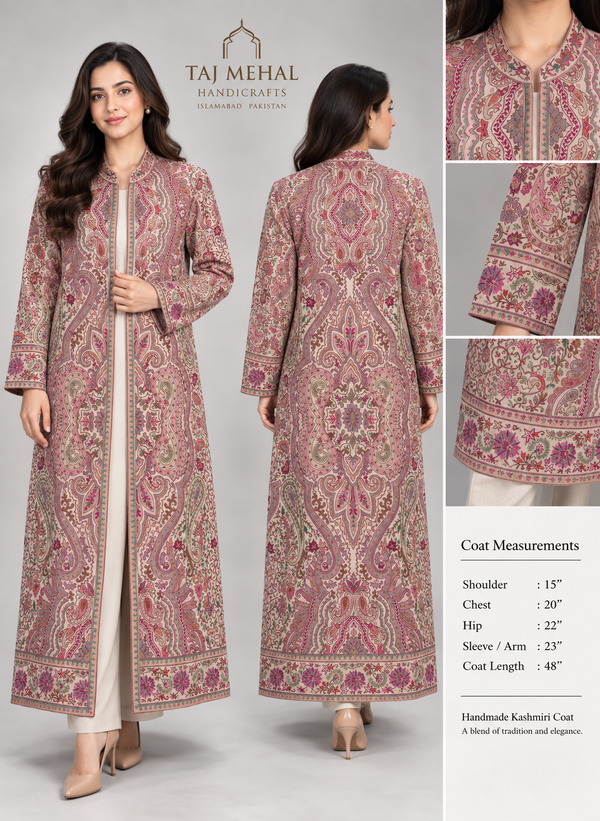 Women’s Handmade Kilimkari Long Coat – Traditional Kashmiri Artisan Design