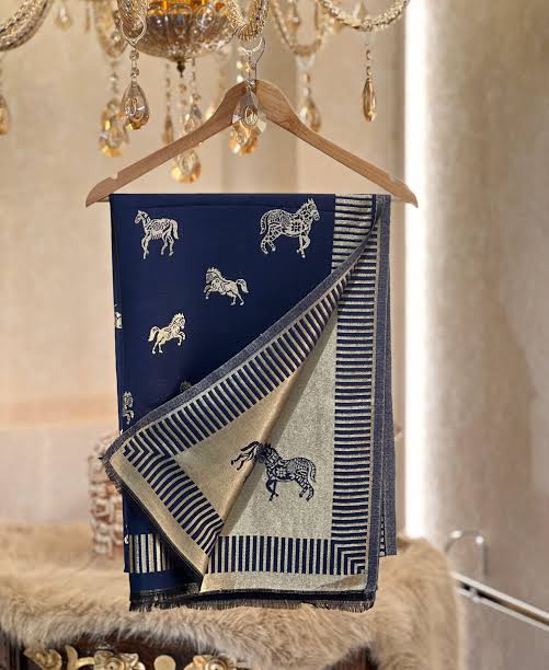 Twinlight reversible horse moonlight design shawl - Navy Blue