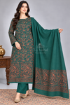 Green MonaLisa 3-piece Kani woolen unstitched suit with shawl - Taj Mehal Handicrafts