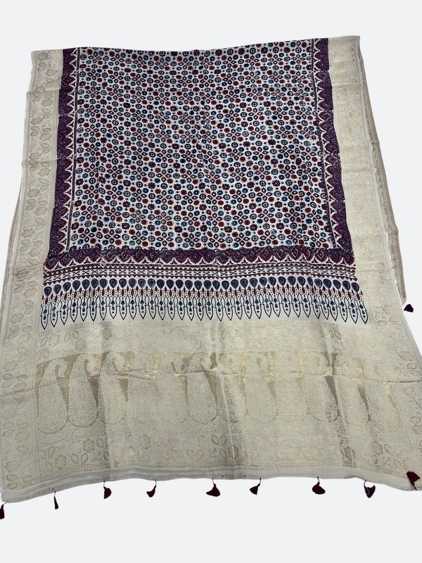 Fine Ajrakh Dola Silk Dupatta – Natural Dyed Hand Block Print
