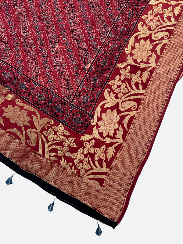 Premium Dola Silk Ajrakh Hand Block Print Natural Dye Zari Border Dupatta