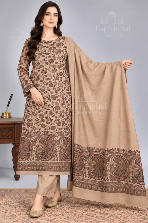 Skin & Brown Kani Pashmina 3-Piece Unstitched Pakistani Suit