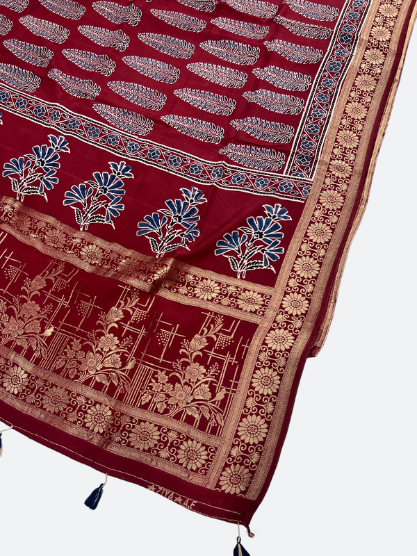 Luxury Dola Silk Ajrakh Dupatta – Traditional Hand Block Print
