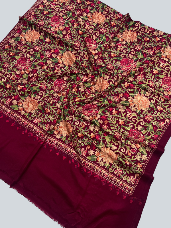 Multicolor Aari Embroidered Maroon Kashmiri Wool Shawl