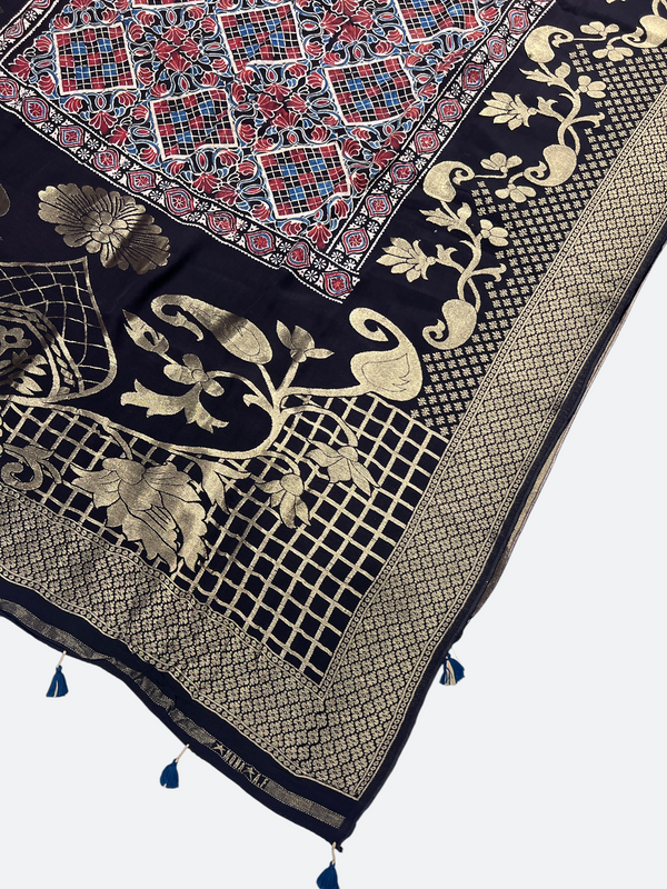 AJRAKH PRINT DOLA SILK ZARI WEAVING DUPATTA -Taj Mehal handicrafts (Copy 14)