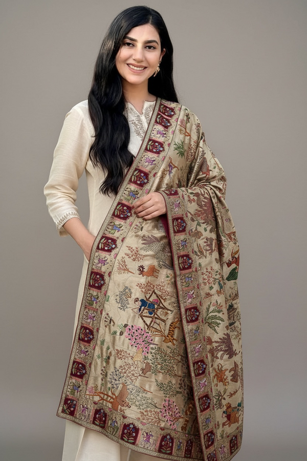 Kalamkari Shikargah Shawls | Exclusive Hand-made Silk-Lama