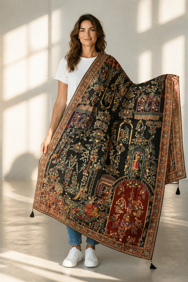 Maharani Kani Meenakari Shawl – Black & Maroon | 3 Yards