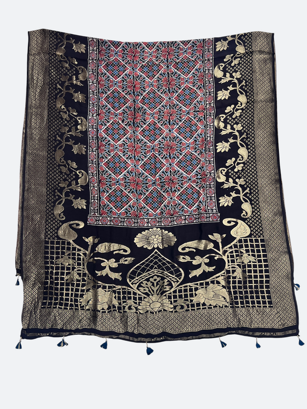 AJRAKH PRINT DOLA SILK ZARI WEAVING DUPATTA -Taj Mehal handicrafts (Copy 14)