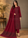 3-Piece Kani Woolen unstitched Suit - Maroon MonaLisa