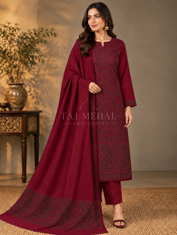 3-Piece Kani Woolen unstitched Suit - Maroon MonaLisa