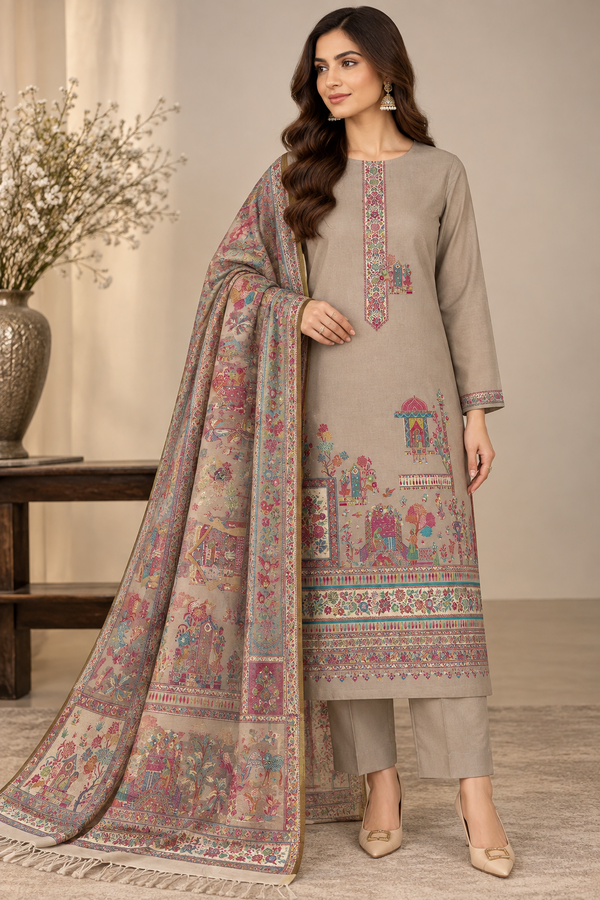 Skin Color Shikargah Kani Pashmina Unstitched 3-Piece Suit