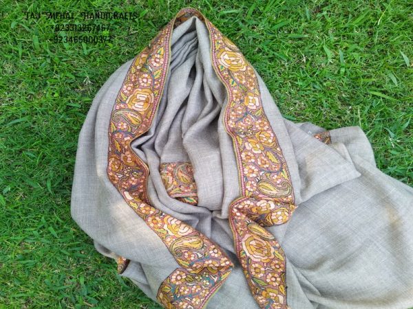 Un Dyed Taupe Border Embroidery Cashmere Shawl