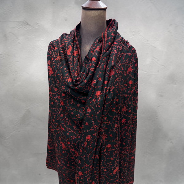 Black pure Pashmina shawl with maroon Sozni Jaal hand embroidery - one of a kind Kashmiri shawl Pakistan