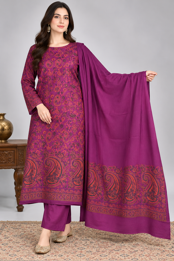 Purple MonaLisa Kani woolen 3-piece unstitched women’s suit in Pakistan - Taj Mehal Handicrafts