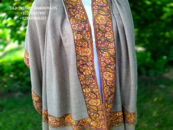 Un Dyed Taupe Border Embroidery Cashmere Shawl