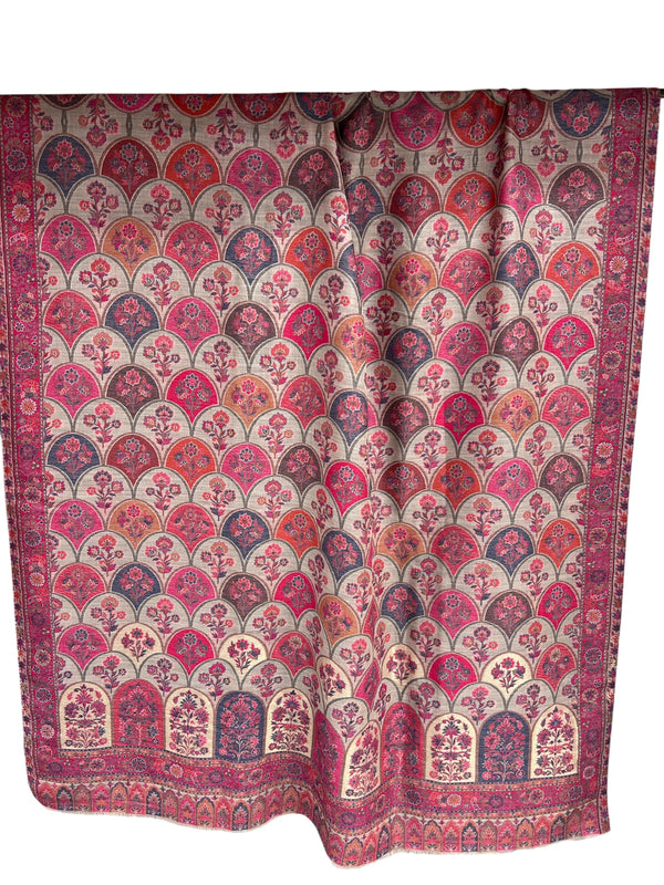 tajmehalhandicrafts pashmina shawl with magenta and charcoal floral scalloped patterns for formal winter wear