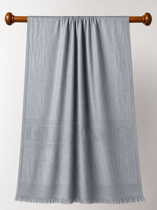 tajmehalhandicrafts grey jacquard monogram shawl wrap with fringed hem and designer branding