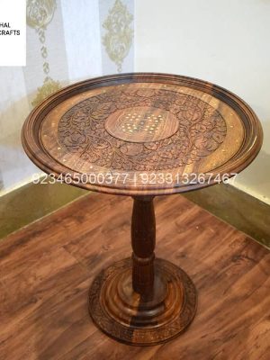 Round Wooden Corner Table With Carving Art