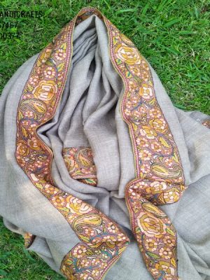 Un Dyed Taupe Border Embroidery Cashmere Shawl