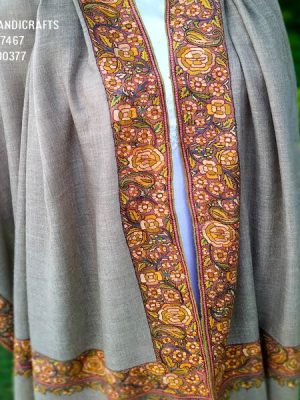 Un Dyed Taupe Border Embroidery Cashmere Shawl