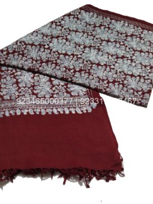 Maroon and white Aari work Jama with Embroidery