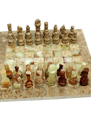 8″ Multi Green Onyx And Fossil Coral Chess Set With Fossil Coral Border