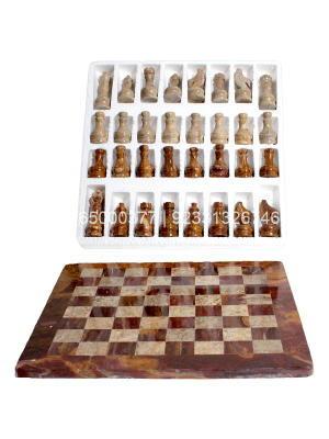 8″ Red Onyx And Fossil Coral Chess Set With Red Onyx Border